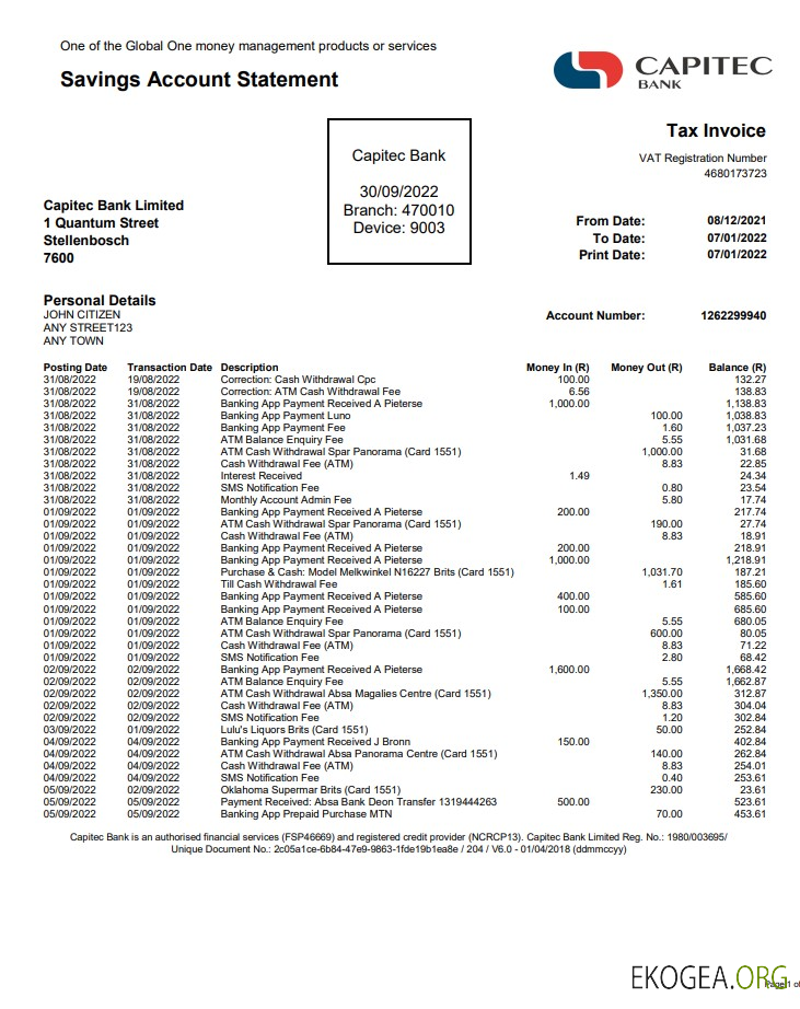 Relevé de la banque Capitec aux États Unis